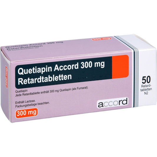 Das Produktfoto zeigt Quetiapin Accord 300 Mg Retardtabletten (50 stk) PZN 15379100