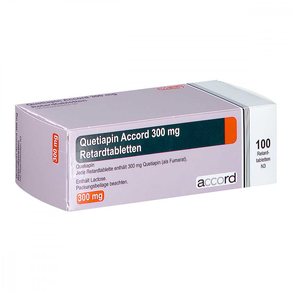 Das Produktfoto zeigt Quetiapin Accord 300 Mg Retardtabletten (100 stk) PZN 15379117