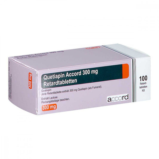 Das Produktfoto zeigt Quetiapin Accord 300 Mg Retardtabletten (100 stk) PZN 15379117