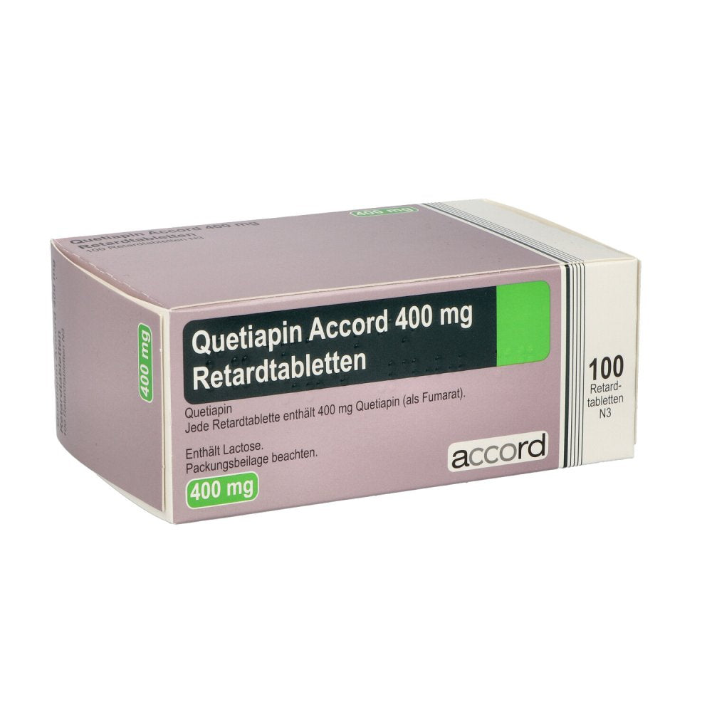 Das Produktfoto zeigt Quetiapin Accord 400 Mg Retardtabletten (100 stk) PZN 15379169