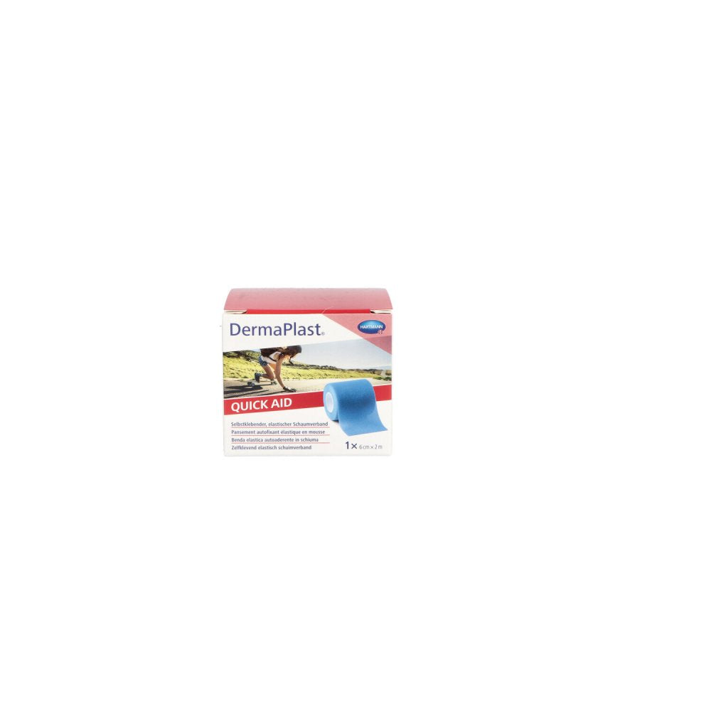 Das Produktfoto zeigt Dermaplast Quick Aid Schaumverb.6 Cmx2 M Blau (1 stk) PZN 15389908