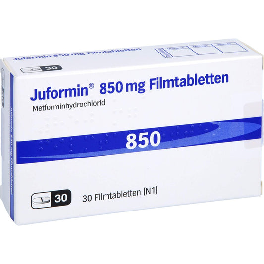 Das Produktfoto zeigt Juformin 850 Mg Filmtabletten (30 stk) PZN 15398327
