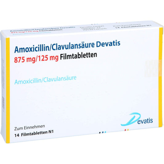 Das Produktfoto zeigt Amoxicillin/Clavulansäure Devatis 875mg/125mg Fta (14 stk) PZN 15404341