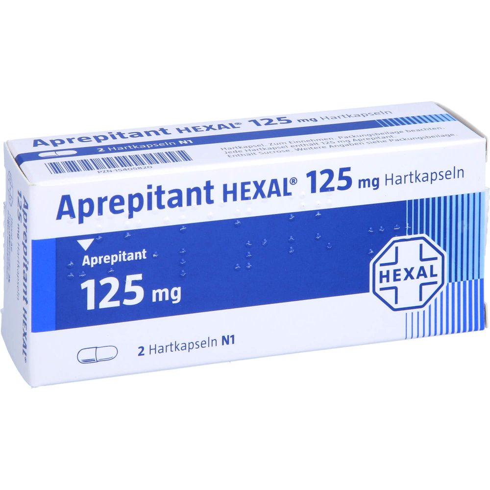 Das Produktfoto zeigt Aprepitant Hexal 125 Mg Hartkapseln (2 stk) PZN 15405820