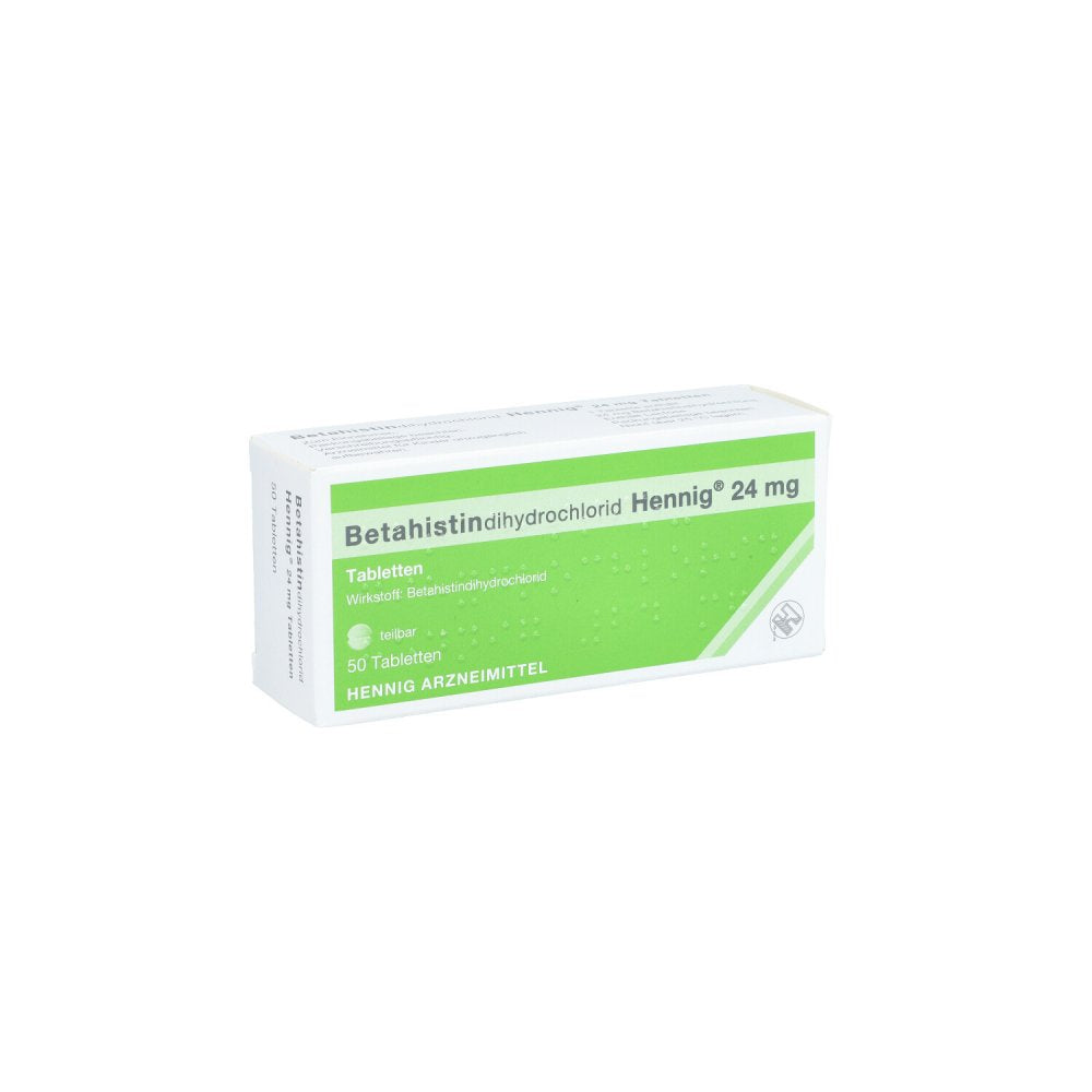 Das Produktfoto zeigt Betahistindihydrochlorid Hennig 24 Mg Tabletten (50 stk) PZN 15415824
