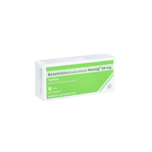 Das Produktfoto zeigt Betahistindihydrochlorid Hennig 24 Mg Tabletten (50 stk) PZN 15415824