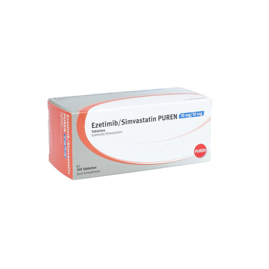 Das Produktfoto zeigt Ezetimib/Simvastatin Puren 10 Mg/10 Mg Tabletten (100 stk) PZN 15416433
