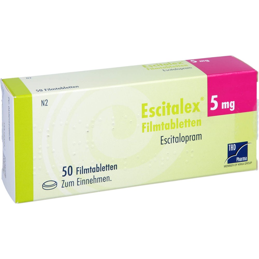 Das Produktfoto zeigt Escitalex 5 Mg Filmtabletten (50 stk) PZN 15416663
