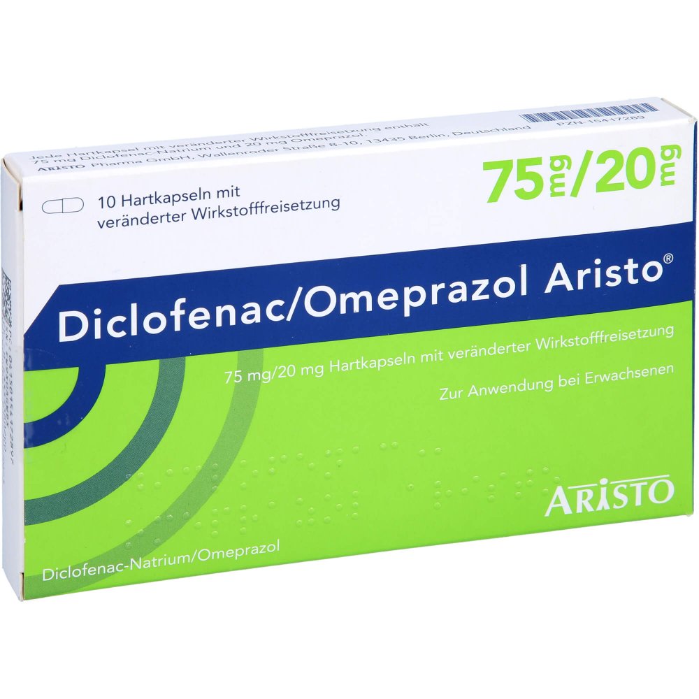 Das Produktfoto zeigt Diclofenac/Omeprazol Aristo 75 Mg/20 Mg Hvw (10 stk) PZN 15417289