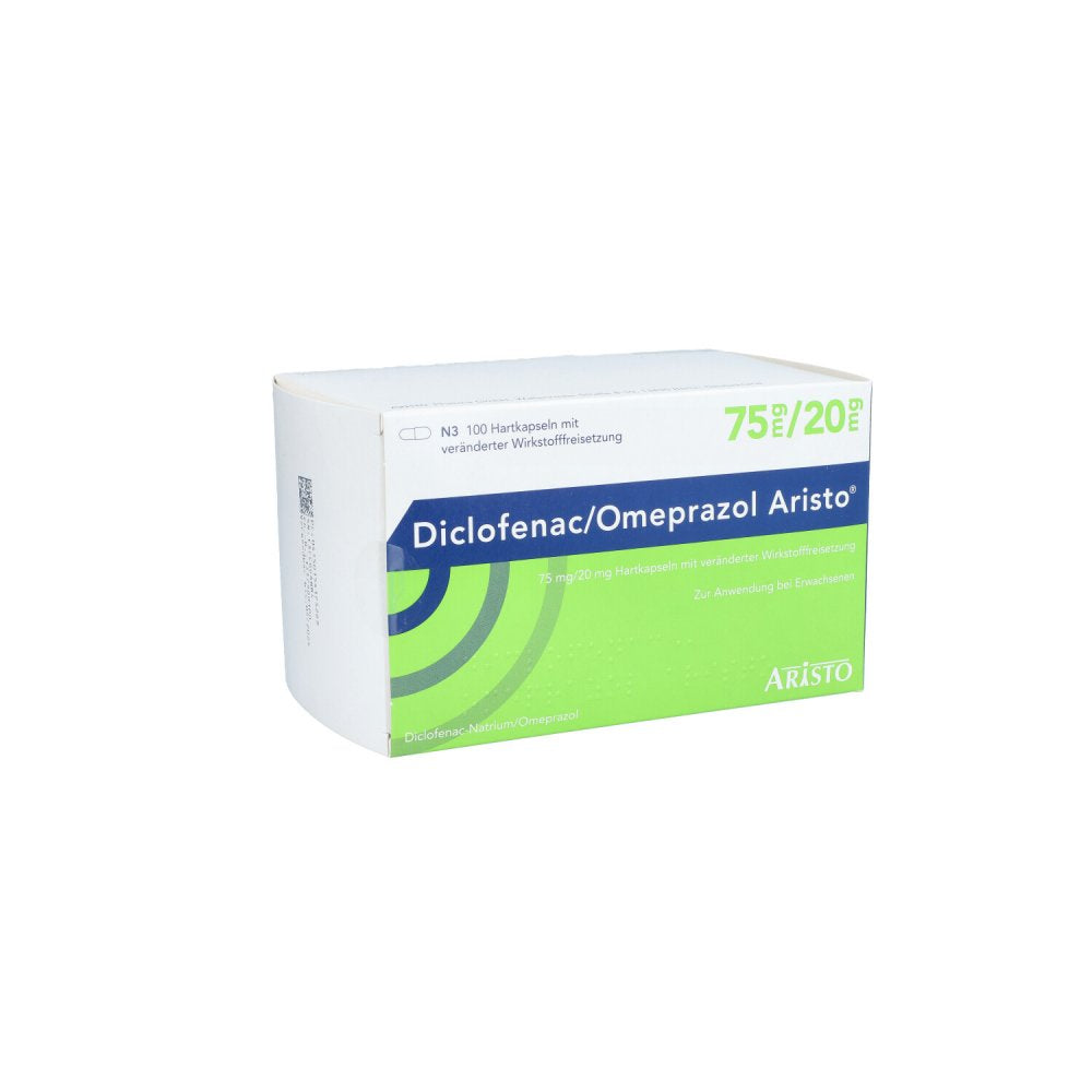 Das Produktfoto zeigt Diclofenac/Omeprazol Aristo 75 Mg/20 Mg Hvw (100 stk) PZN 15417326