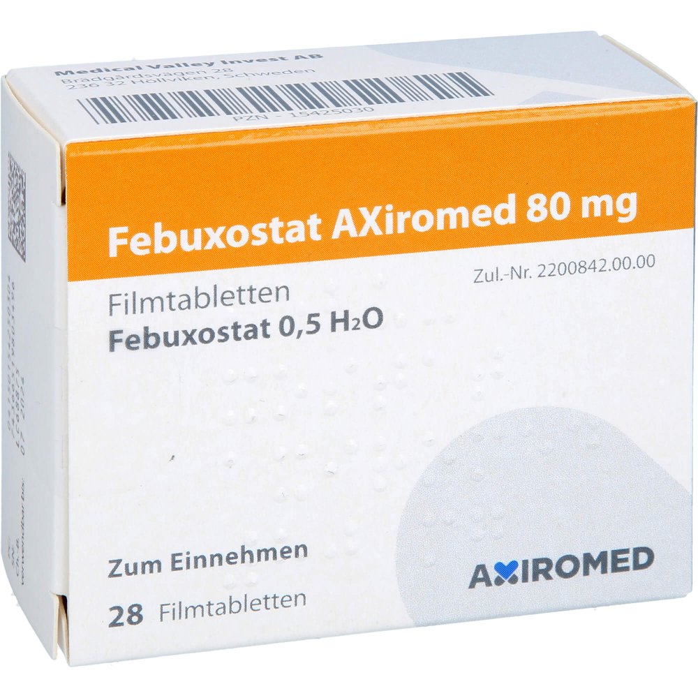 Das Produktfoto zeigt Febuxostat Axiromed 80 Mg Filmtabletten (28 stk) PZN 15425030
