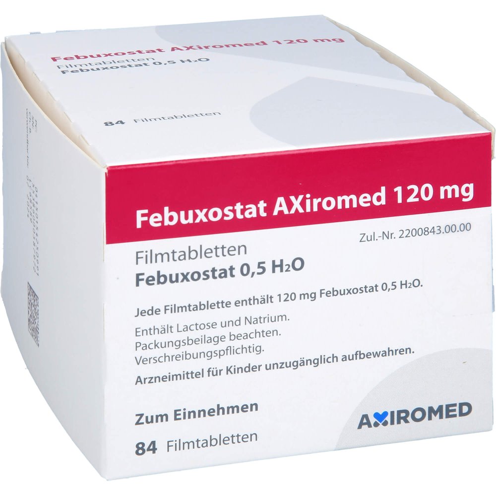 Das Produktfoto zeigt Febuxostat Axiromed 120 Mg Filmtabletten (84 stk) PZN 15425099