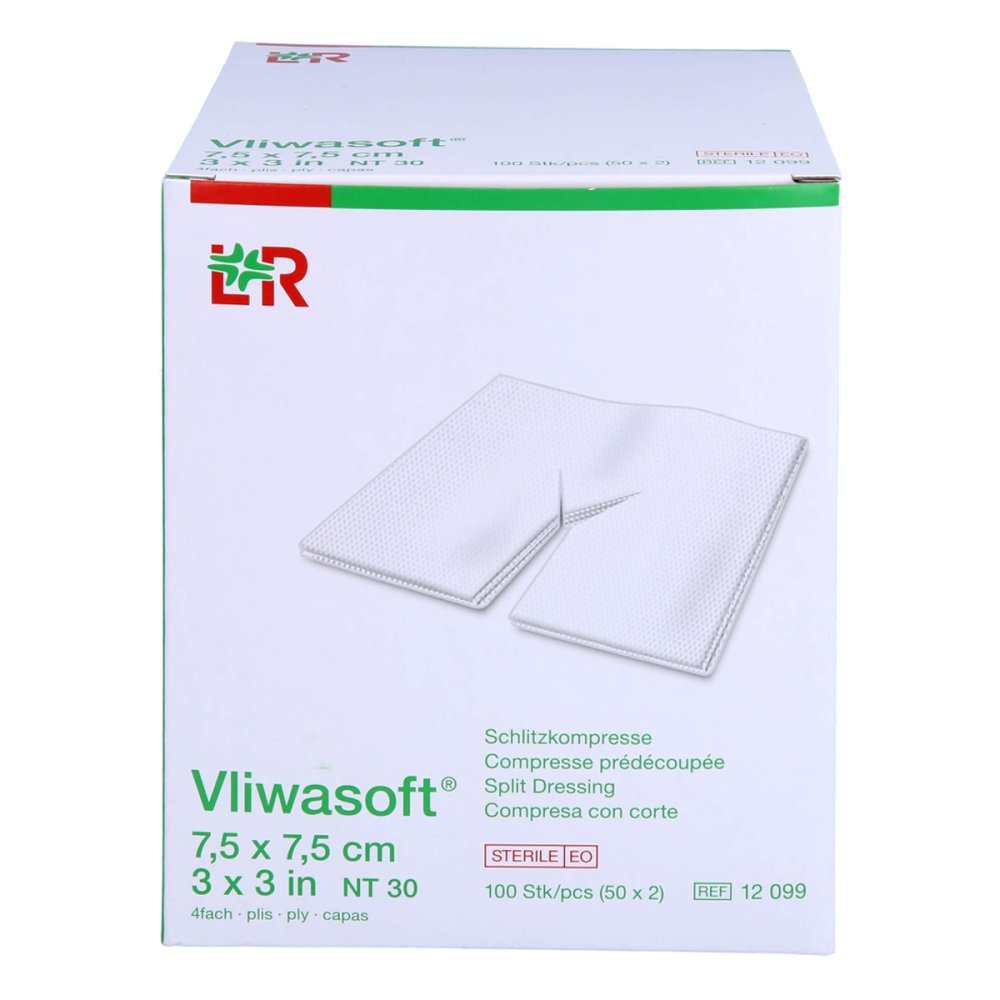 Das Produktfoto zeigt Vliwasoft Schlitzkompressen 7,5x7,5 Cm Steril 4l. (50X2 stk) PZN 15431378
