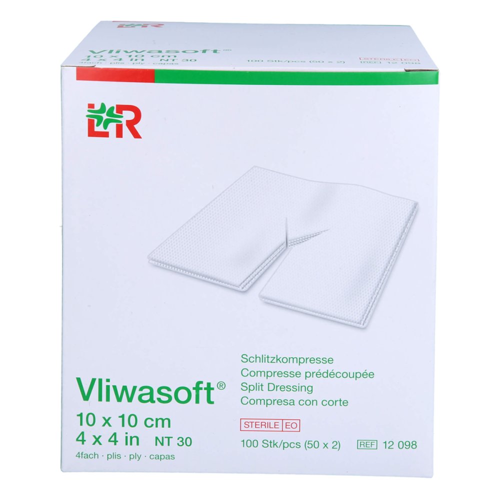 Das Produktfoto zeigt Vliwasoft Schlitzkompressen 10x10 Cm Steril 4lagig (50X2 stk) PZN 15431390