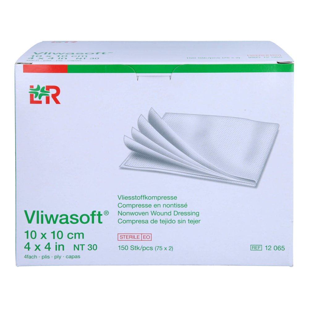 Das Produktfoto zeigt Vliwasoft Vlieskompressen Steril 10x10 Cm 4l. (150 stk) PZN 15431504