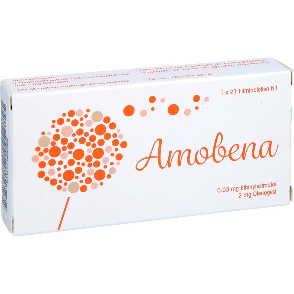 Das Produktfoto zeigt Amobena 0,03 Mg/2 Mg Filmtabletten (21 stk) PZN 15432030