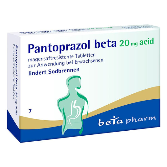 Das Produktfoto zeigt Pantoprazol Beta 20 Mg Acid Magensaftres.Tabletten (7 stk) PZN 15577308