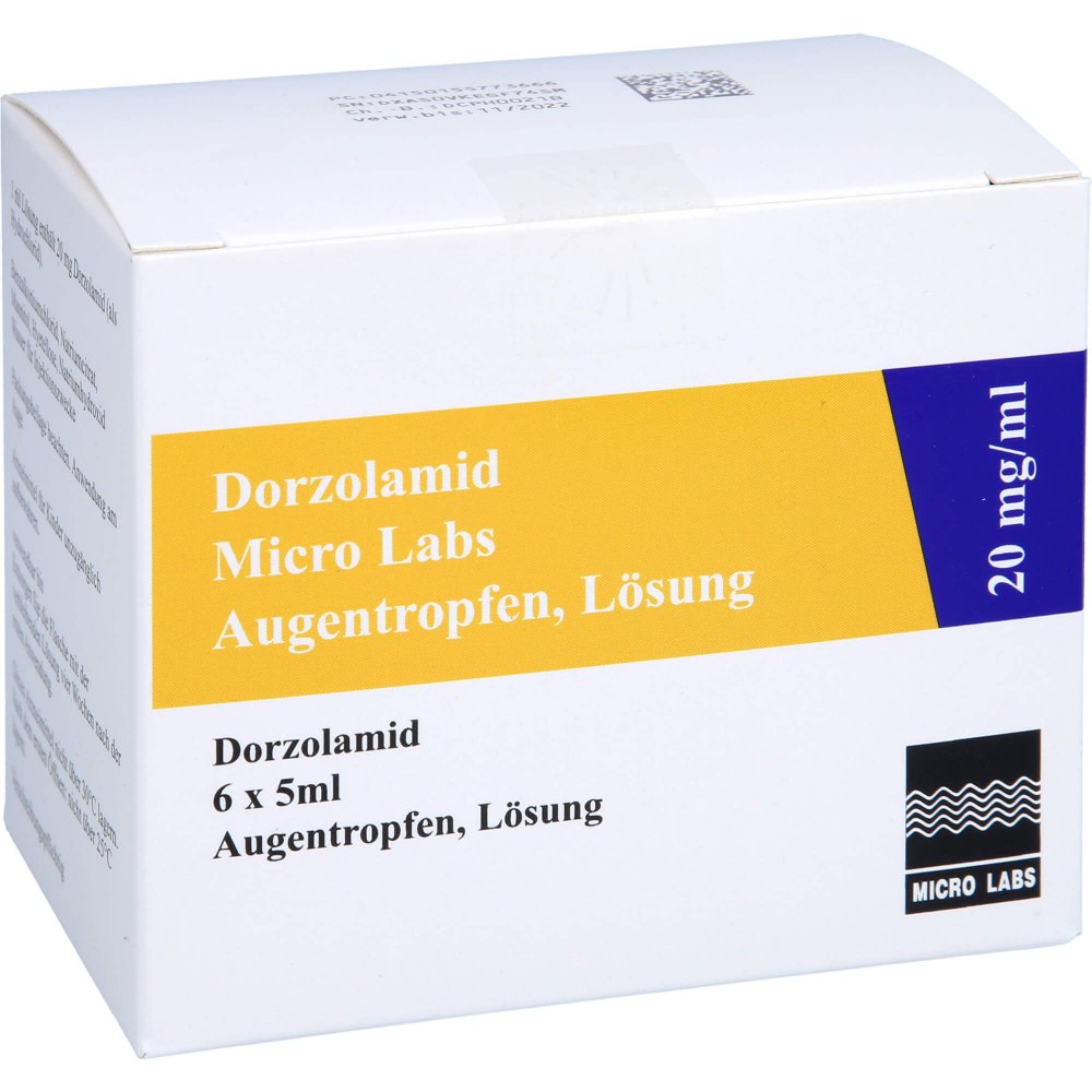 Das Produktfoto zeigt Dorzolamid Micro Labs 20 Mg/Ml Augentropfen (6X5 ml) PZN 15577366