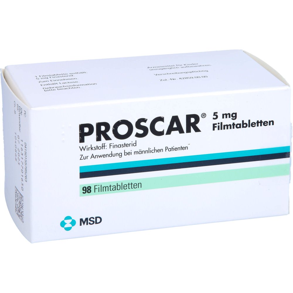 Das Produktfoto zeigt Proscar 5 Mg Filmtabletten (98 stk) PZN 15578526