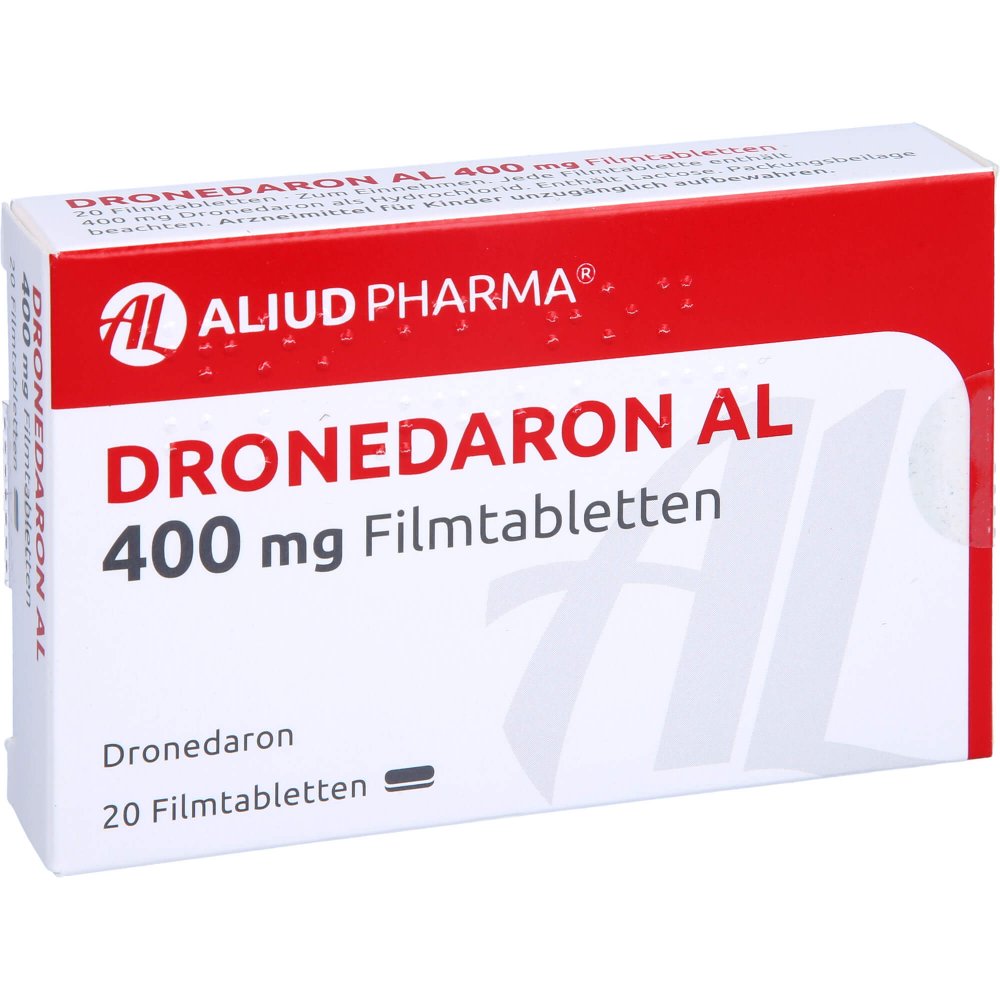 Das Produktfoto zeigt Dronedaron Al 400 Mg Filmtabletten (20 stk) PZN 15609824