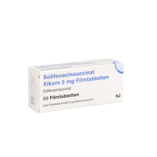 Das Produktfoto zeigt Solifenacinsuccinat Alkem 5 Mg Filmtabletten (50 stk) PZN 15611459