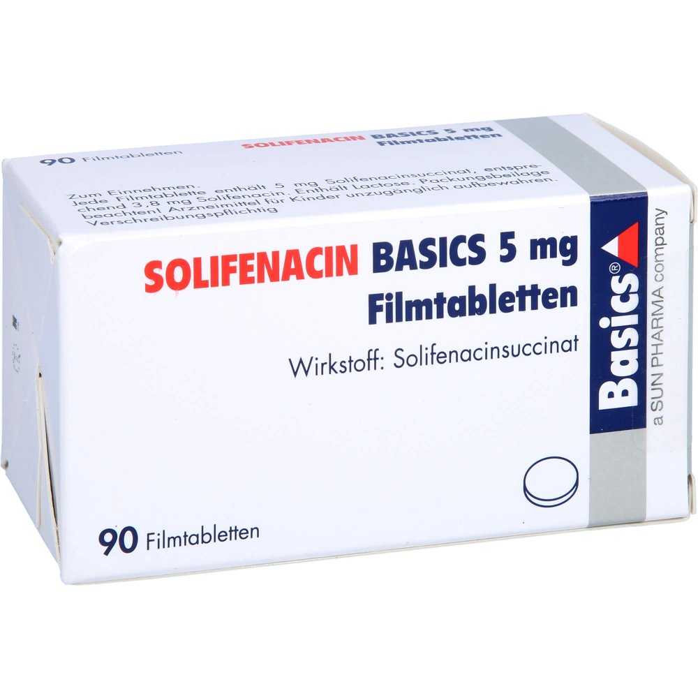 Das Produktfoto zeigt Solifenacin Basics 5 Mg Filmtabletten (90 stk) PZN 15616936