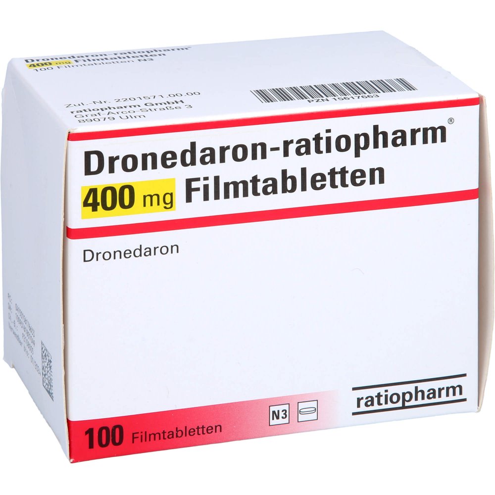 Das Produktfoto zeigt Dronedaron-Ratiopharm 400 Mg Filmtabletten (100 stk) PZN 15617663