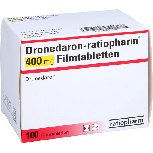 Das Produktfoto zeigt Dronedaron-Ratiopharm 400 Mg Filmtabletten (100 stk) PZN 15617663