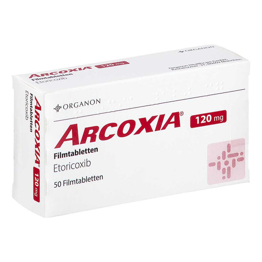 Das Produktfoto zeigt Arcoxia 120 Mg Filmtabletten (50 stk) PZN 15619490