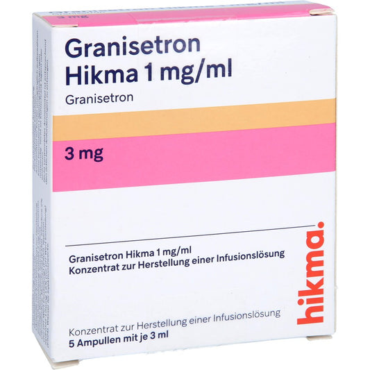 Das Produktfoto zeigt Granisetron Hikma 1 Mg/Ml Konz.Z.Herst.E.Inf.-Lsg. (5X3 ml) PZN 15620441