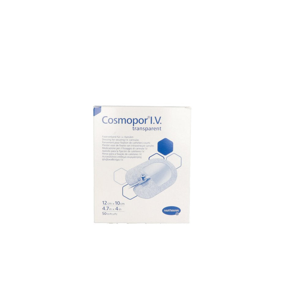 Das Produktfoto zeigt Cosmopor I.V. Transparent Fixierverb.10x12 Cm Ste. (50 stk) PZN 15622115