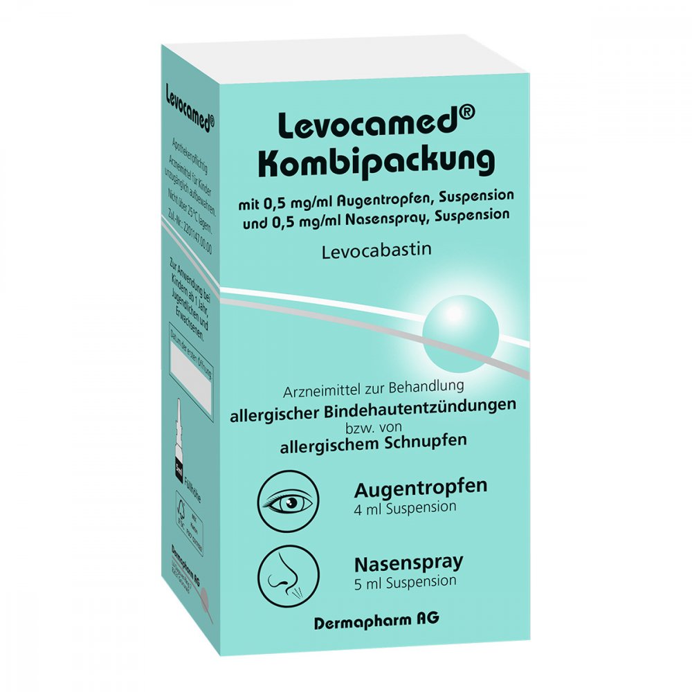 Das Produktfoto zeigt Levocamed Kombi 0,5 Mg/Ml At + 0,5 Mg/Ml Nasenspr. (1 stk) PZN 15624835