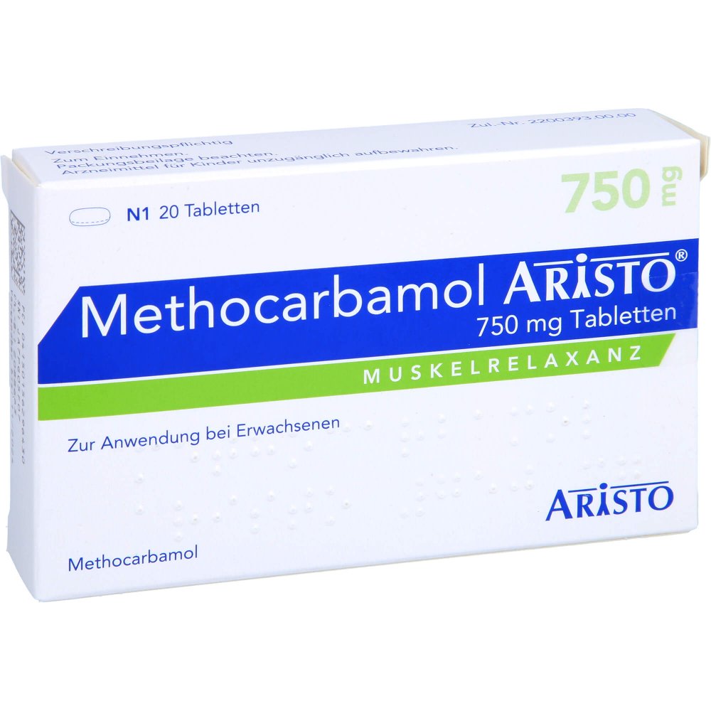 Das Produktfoto zeigt Methocarbamol Aristo 750 Mg Tabletten (20 stk) PZN 15629643
