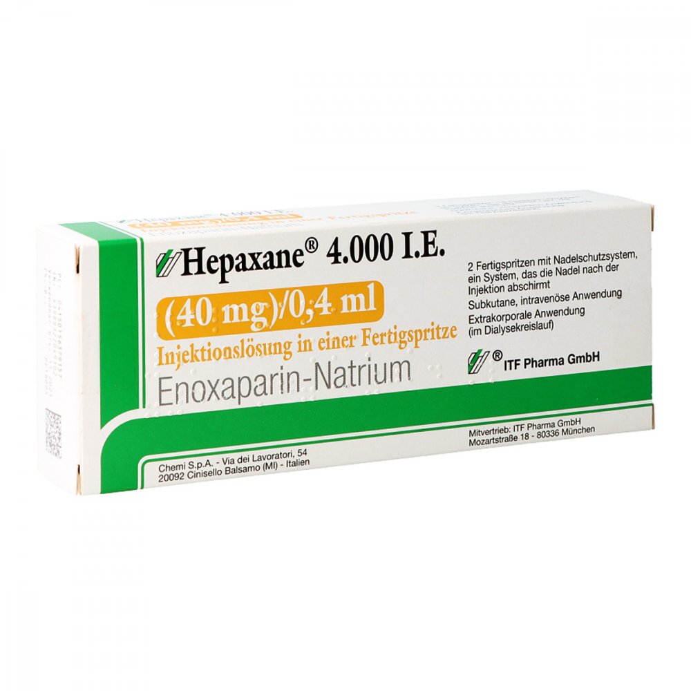 Das Produktfoto zeigt Hepaxane 4.000 I.E. 40 Mg/0,4 Ml Inj.-Lsg.I.E.Fs (2 stk) PZN 15637915