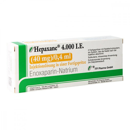 Das Produktfoto zeigt Hepaxane 4.000 I.E. 40 Mg/0,4 Ml Inj.-Lsg.I.E.Fs (2 stk) PZN 15637915