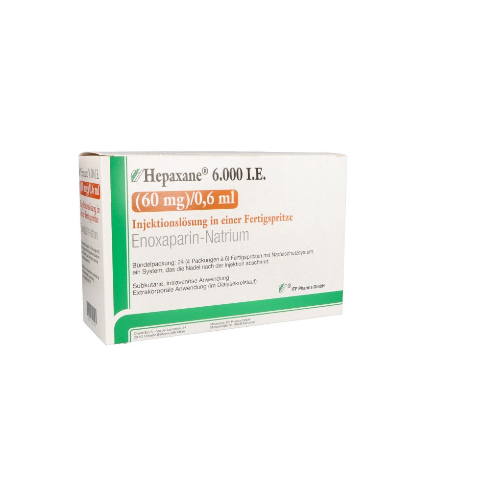 Das Produktfoto zeigt Hepaxane 6.000 I.E. 60 Mg/0,6 Ml Inj.-Lsg.I.E.Fs (24 stk) PZN 15637973