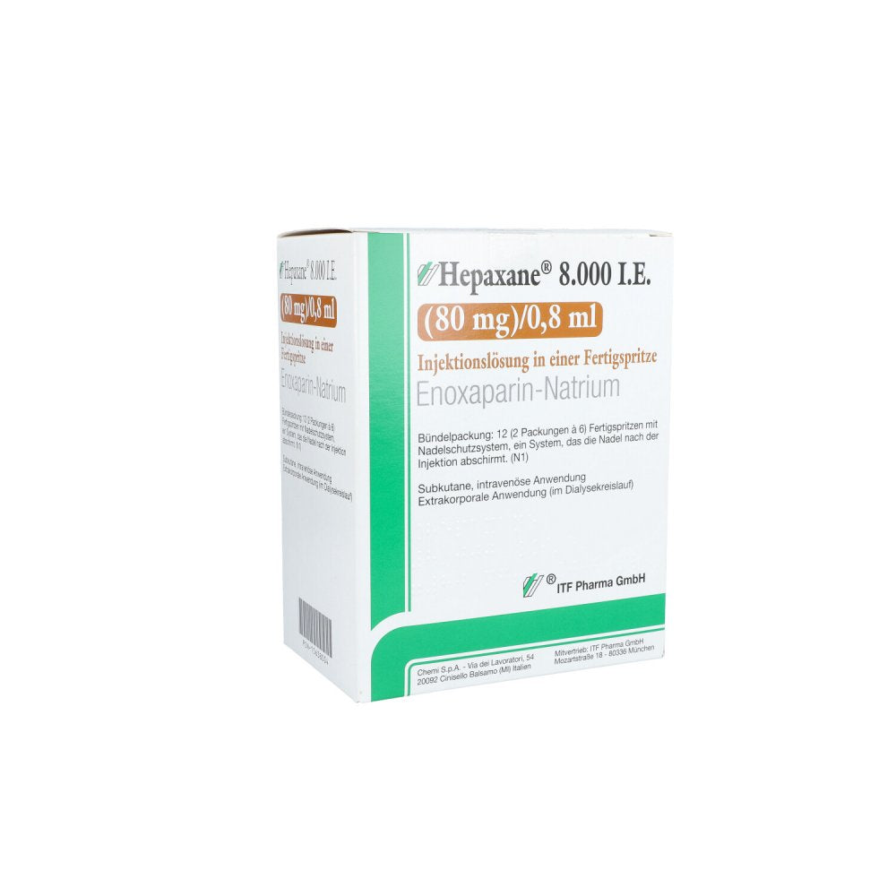 Das Produktfoto zeigt Hepaxane 8.000 I.E. 80 Mg/0,8 Ml Inj.-Lsg.I.E.Fs (12 stk) PZN 15638004