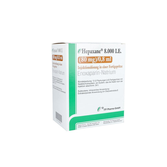 Das Produktfoto zeigt Hepaxane 8.000 I.E. 80 Mg/0,8 Ml Inj.-Lsg.I.E.Fs (12 stk) PZN 15638004