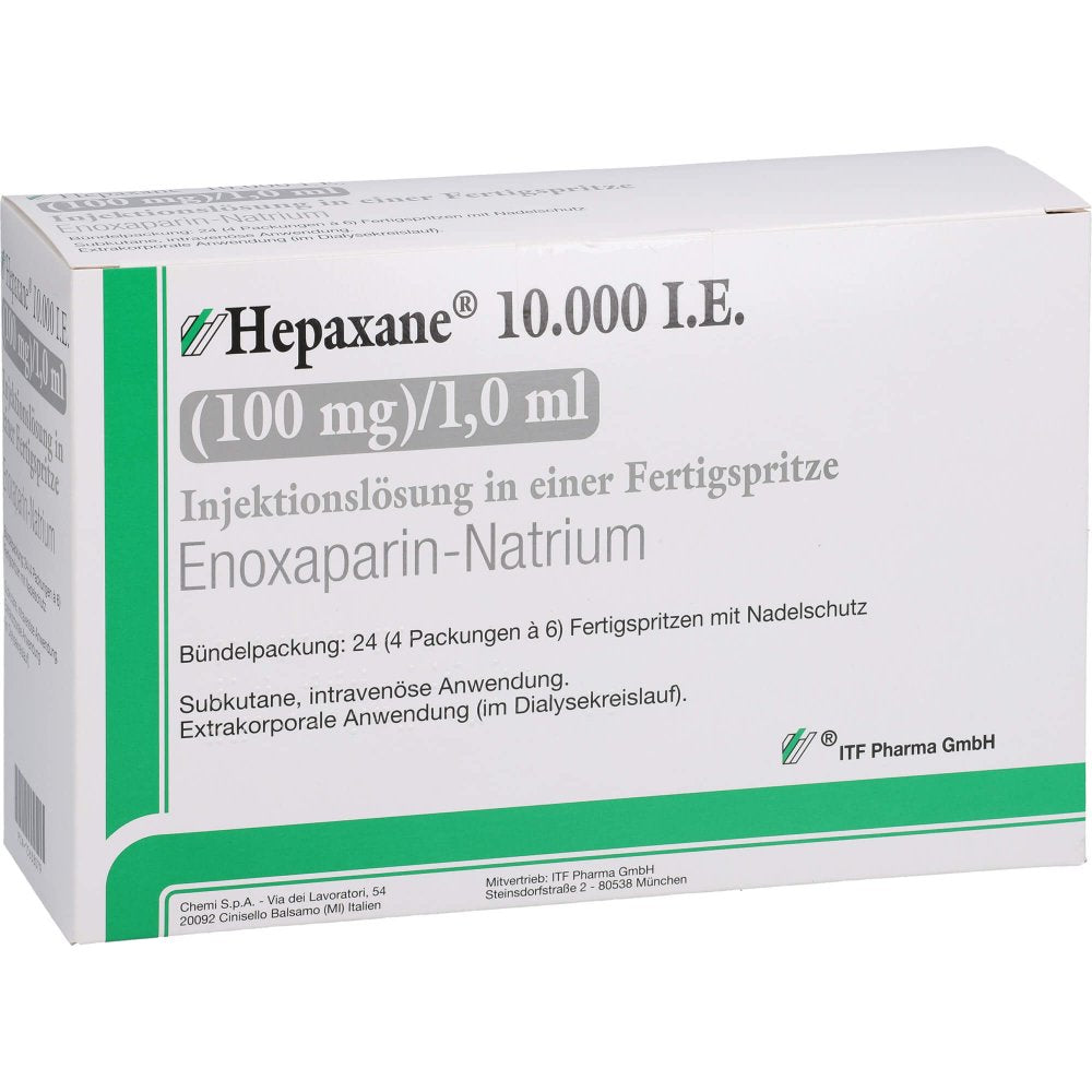 Das Produktfoto zeigt Hepaxane 10.000 I.E. 100 Mg/1,0 Ml Inj.-Lsg.I.E.Fs (24 stk) PZN 15638079