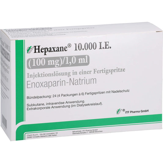 Das Produktfoto zeigt Hepaxane 10.000 I.E. 100 Mg/1,0 Ml Inj.-Lsg.I.E.Fs (24 stk) PZN 15638079