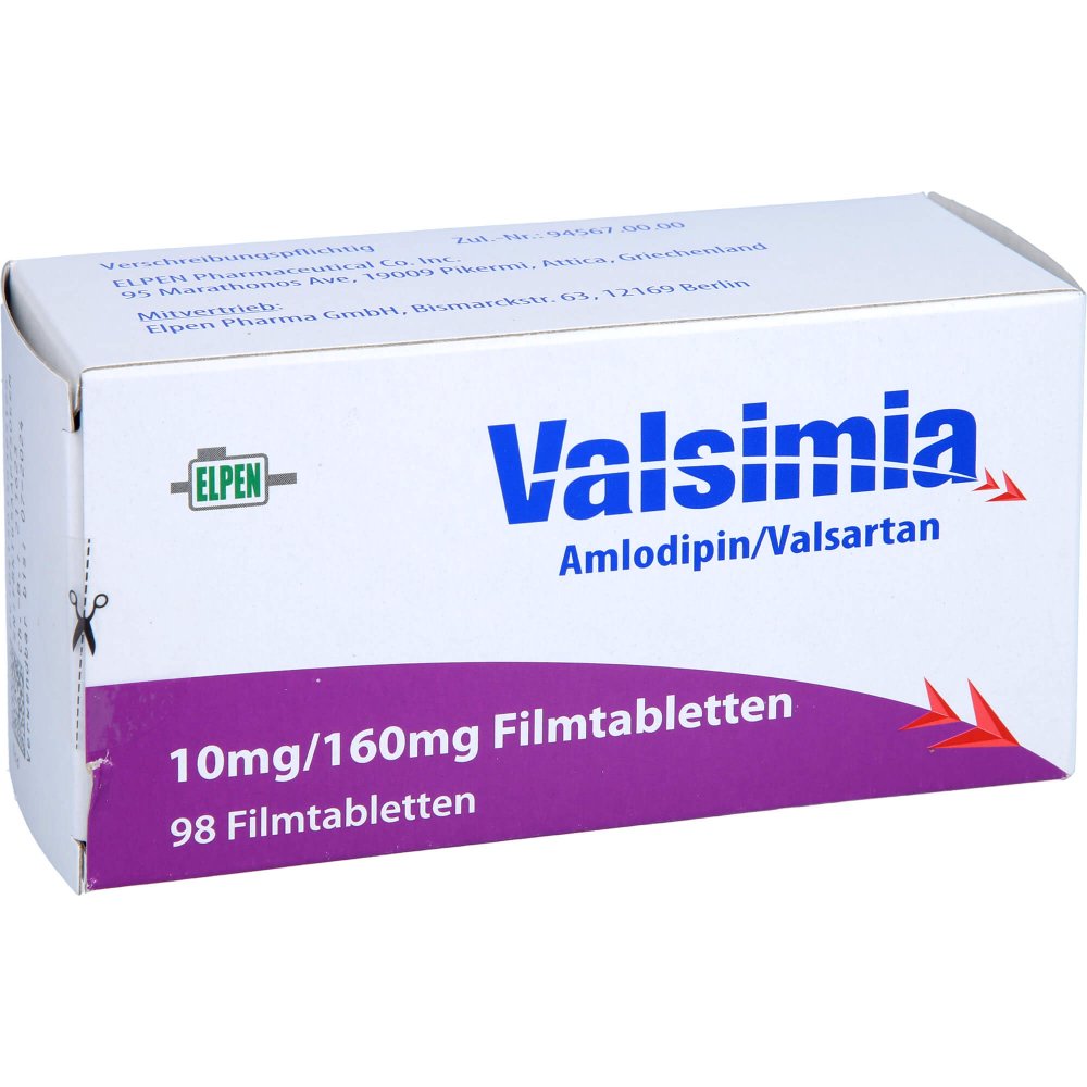 Das Produktfoto zeigt Valsimia 10 Mg/160 Mg Filmtabletten (98 stk) PZN 15639512