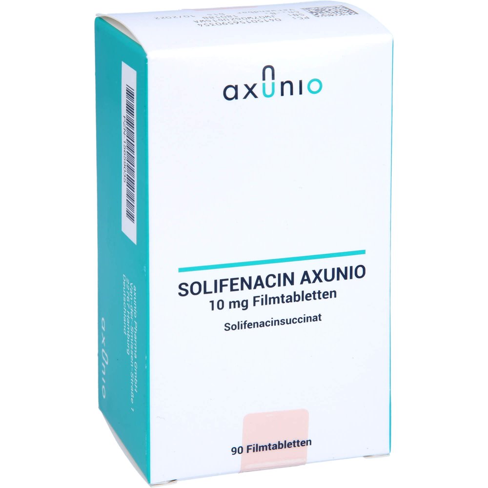 Das Produktfoto zeigt Solifenacin Axunio 10 Mg Filmtabletten (90 stk) PZN 15659035