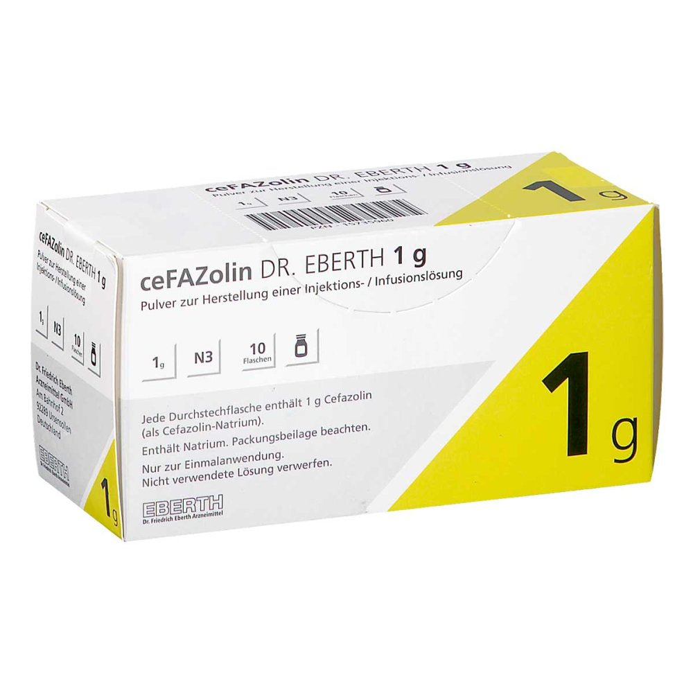 Das Produktfoto zeigt Cefazolin Dr.Eberth 1 G P.Z.H.E.Inj.-/Inf.-L.Dsfl. (10X1 g) PZN 15735960