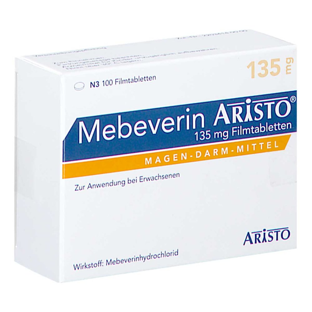 Das Produktfoto zeigt Mebeverin Aristo 135 Mg Filmtabletten (100 stk) PZN 15736362