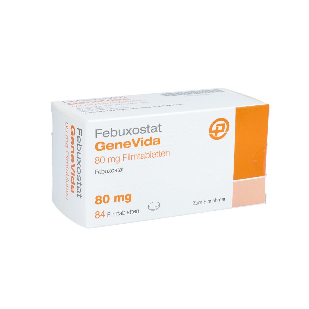 Das Produktfoto zeigt Febuxostat Genevida 80 Mg Filmtabletten (84 stk) PZN 15743511