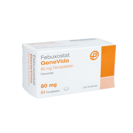 Das Produktfoto zeigt Febuxostat Genevida 80 Mg Filmtabletten (84 stk) PZN 15743511