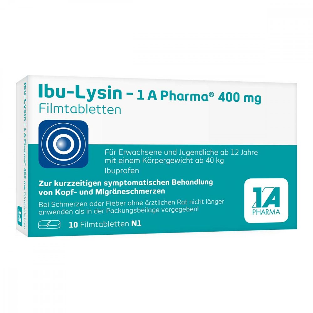 Das Produktfoto zeigt Ibu-Lysin 1a Pharma 400 Mg Filmtabletten (10 stk) PZN 15743758