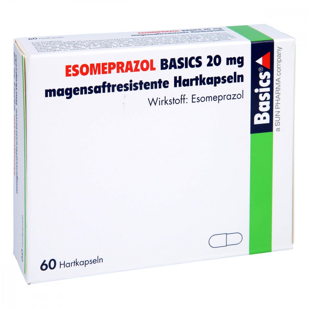 Das Produktfoto zeigt Esomeprazol Basics 20 Mg Magensaftres.Hartkapseln (60 stk) PZN 15744344