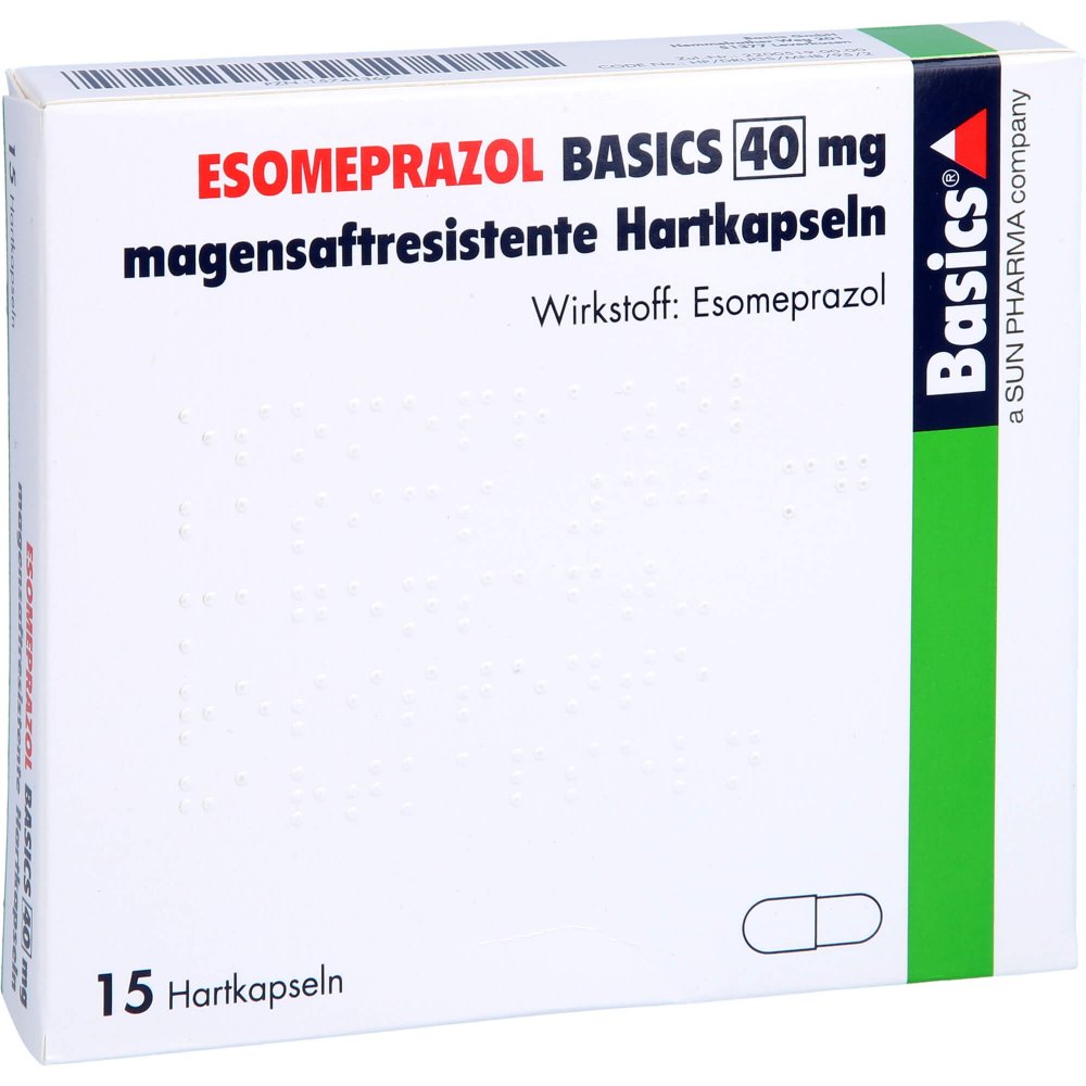 Das Produktfoto zeigt Esomeprazol Basics 40 Mg Magensaftres.Hartkapseln (15 stk) PZN 15744367