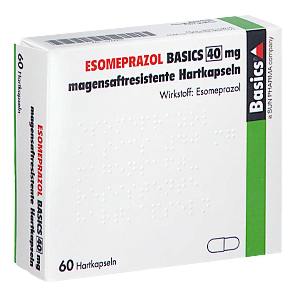 Das Produktfoto zeigt Esomeprazol Basics 40 Mg Magensaftres.Hartkapseln (60 stk) PZN 15744396
